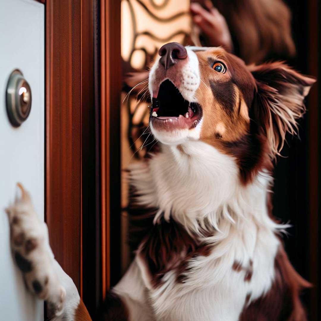 A brown and white dog barking at a doorbell A brown and white dog barking at a doorbell