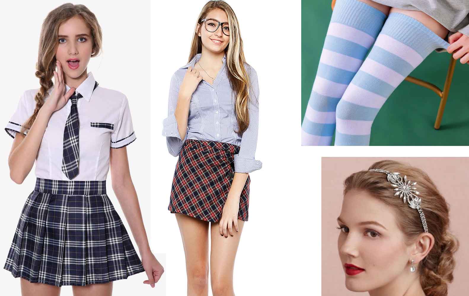School Girl Costume Ideas 16 A collage of four photos showing different accessories that can enhance the school girl costume, such as tie, Knee-High Sock, Plaid Skirt, and Hair Accessories.