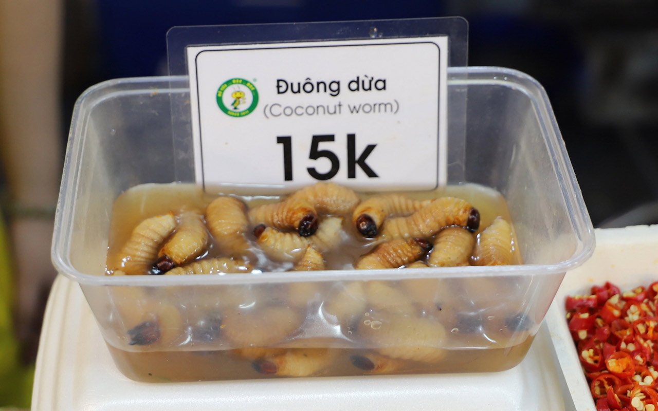 In Vietnam, coconut worms are still sold openly despite the ban