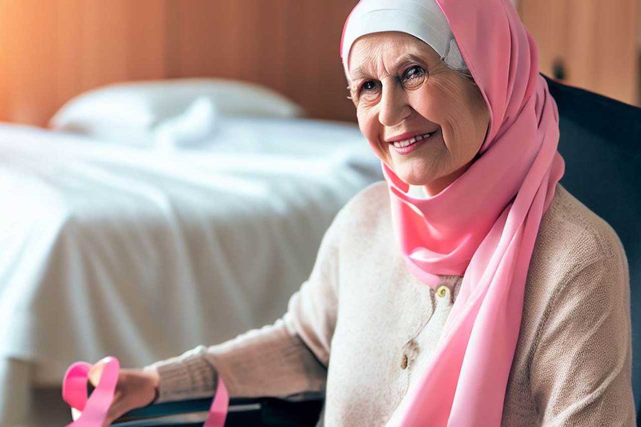 Cancer Causes, Types, Symptoms and Treatments: What You Need to Know 2 A smiling senior woman with a headscarf sitting in a wheelchair holding a pink ribbon