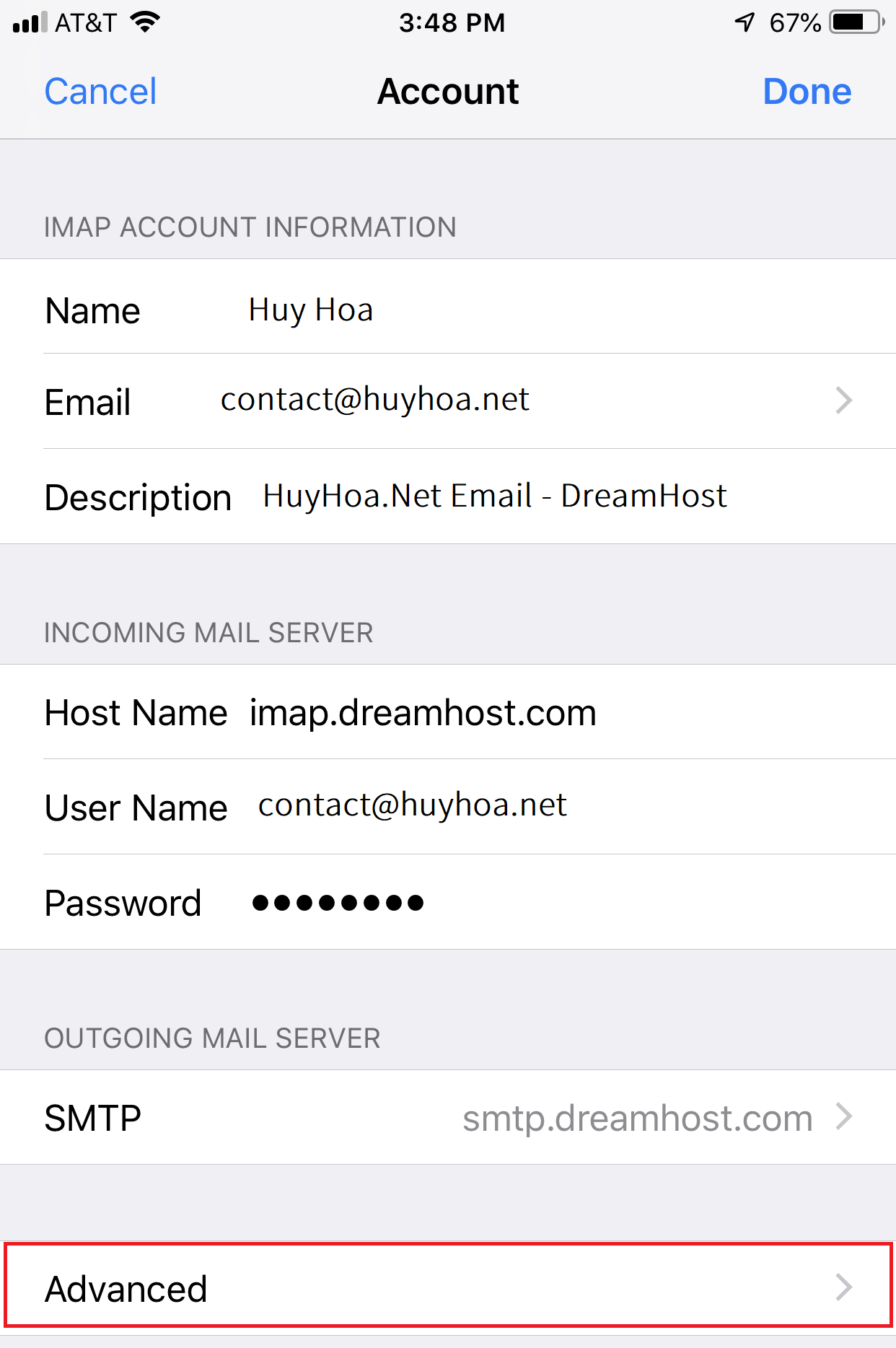 What is Host name for email on iPhone?