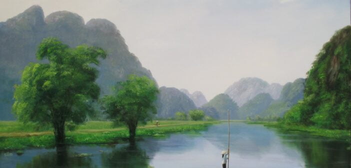 Peaceful beauty of Trang An, Ninh Binh landscapes in paintings by artist Le Sam