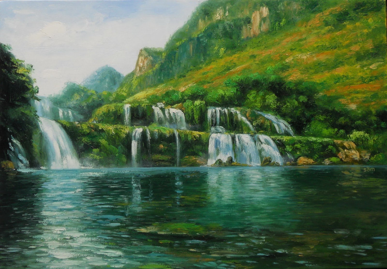 Oil painting of Ban Gioc waterfall by artist Le Sam