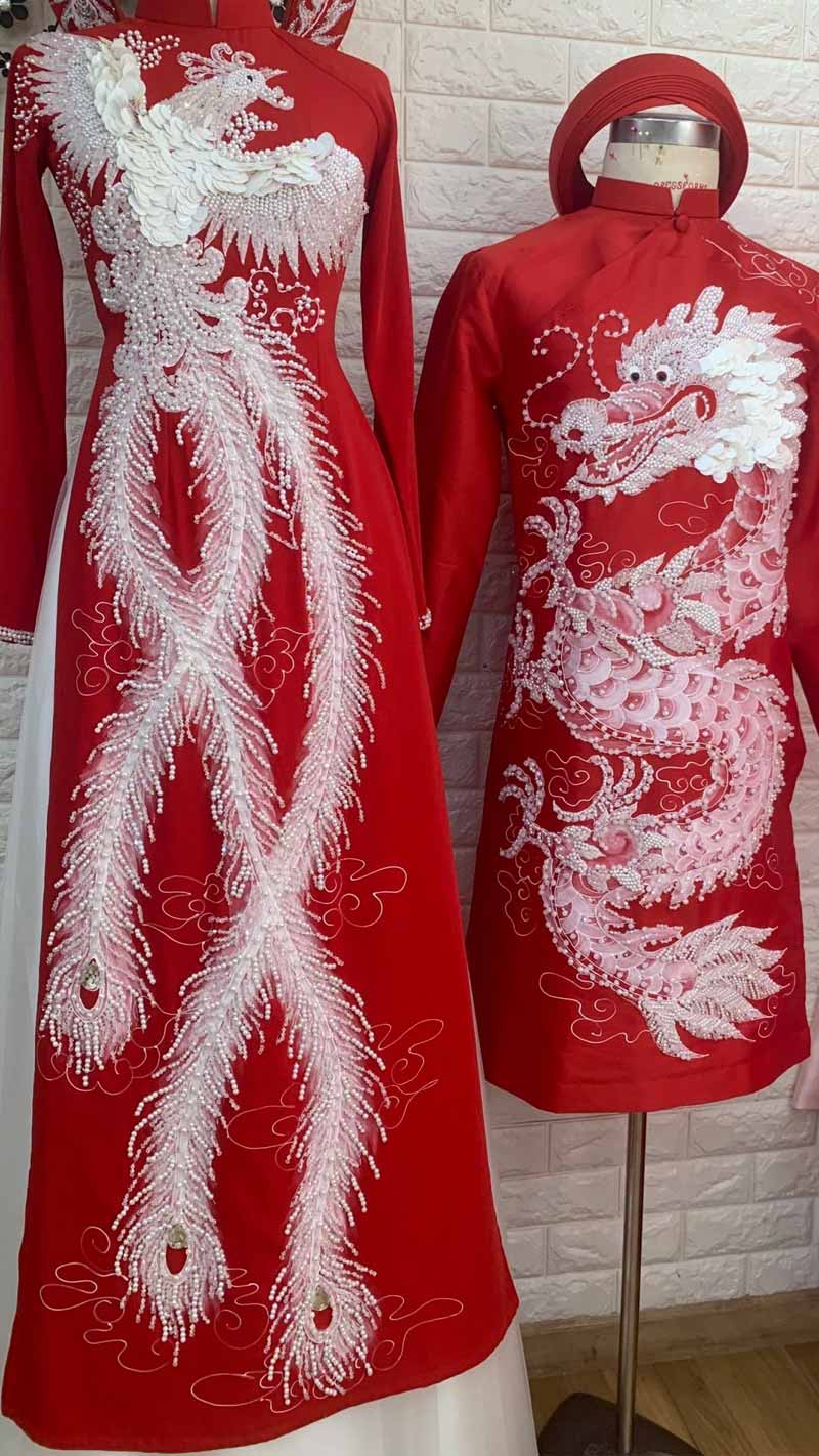 Traditional Vietnamese Wedding Ao Dai in red with beaded phoenix and dragon