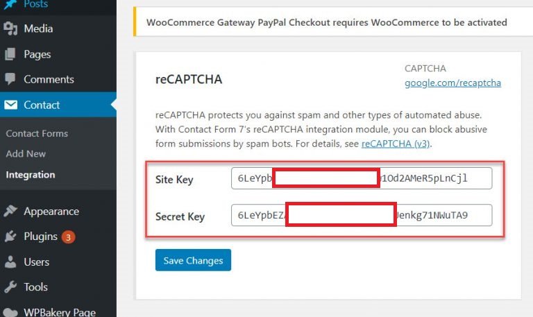 insert these keys into reCAPTCHA module of contactform7 and save changes